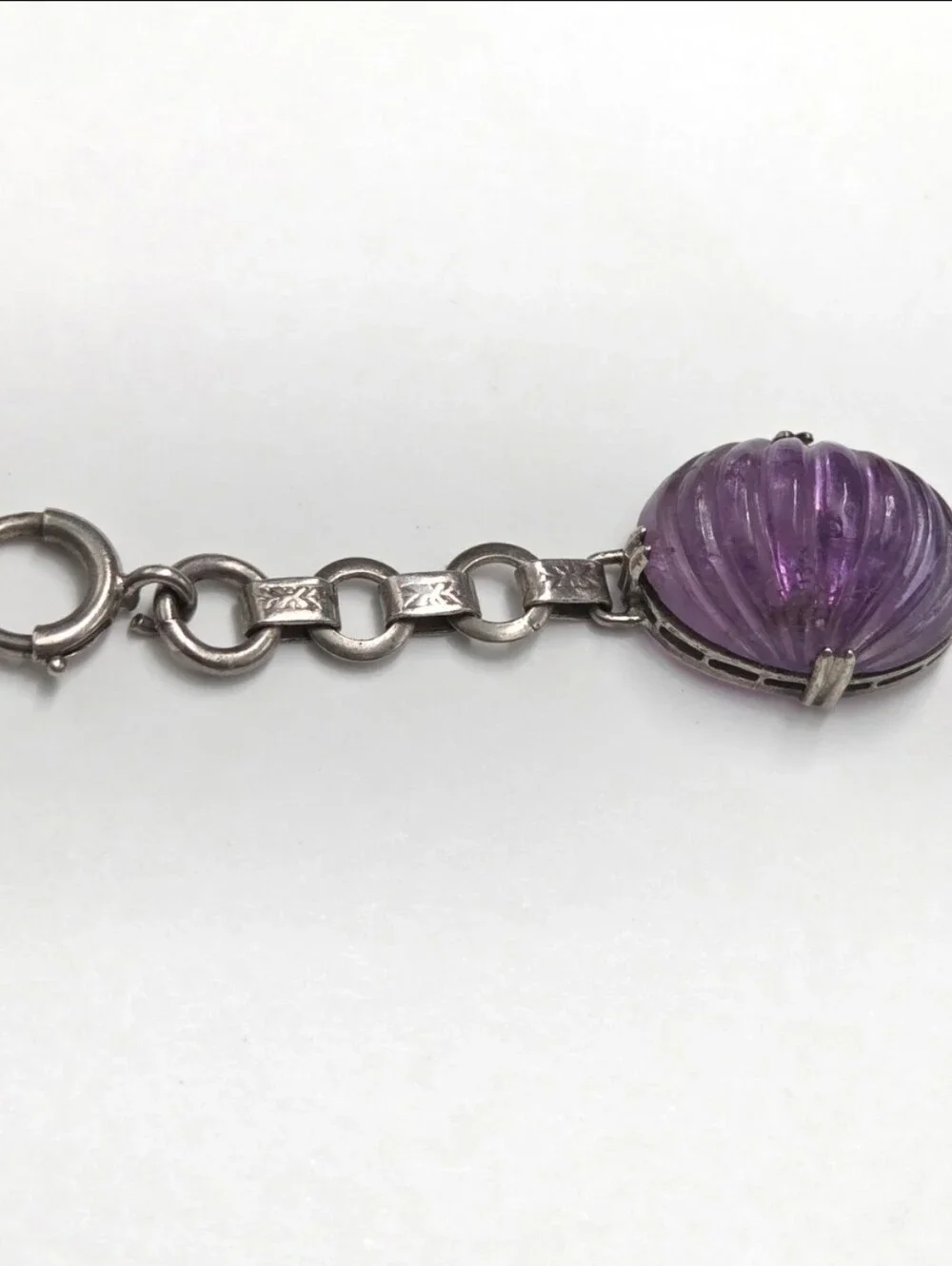 Vintage Art Deco Sterling Silver Filigree & Carved Amethyst Bracelet 7.5